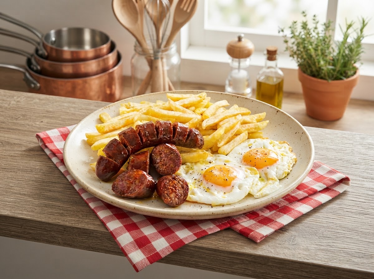 Air Fryer Breakfast — Sausages, Chips and Eggs